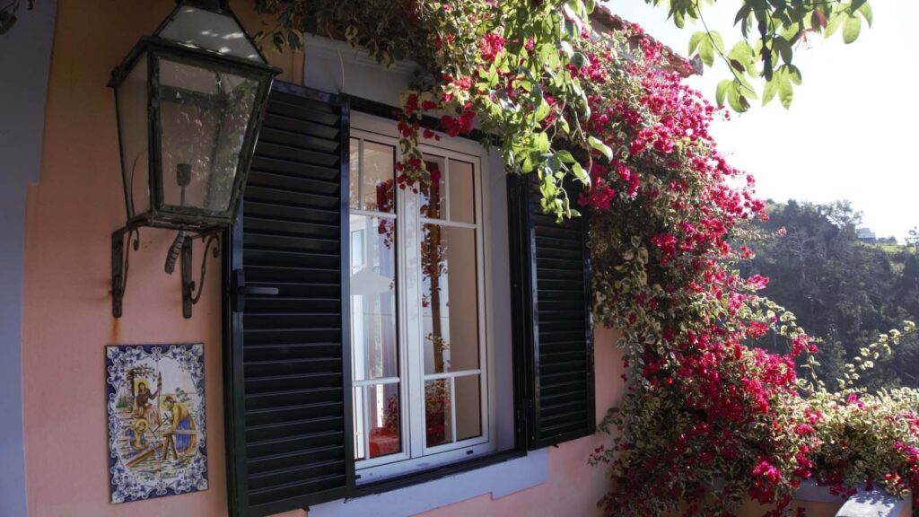 die alte hoch-Terrasse mit rotem Bougainville